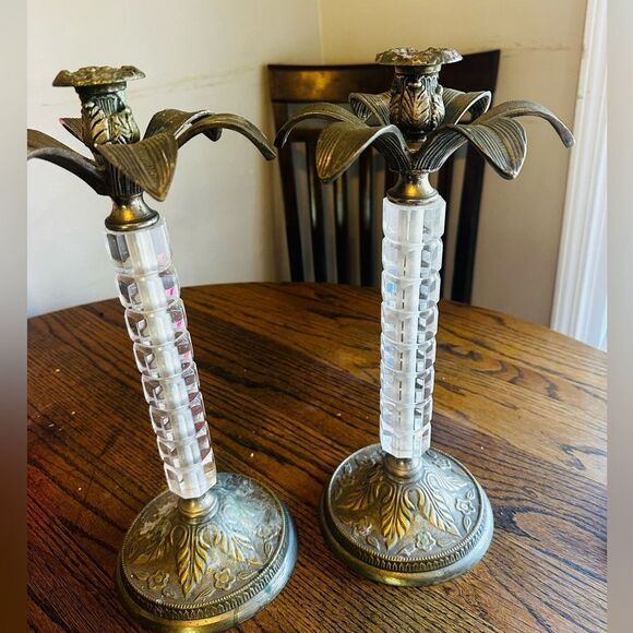 Other - Brass and Clear Lucite MCM candlestick holders set.  Palm tree leaves